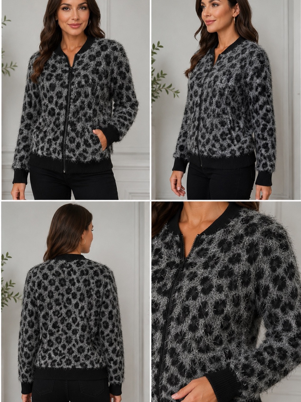 new directions Black & Gray Fuzzy Leopard Zip Bomber Jacket